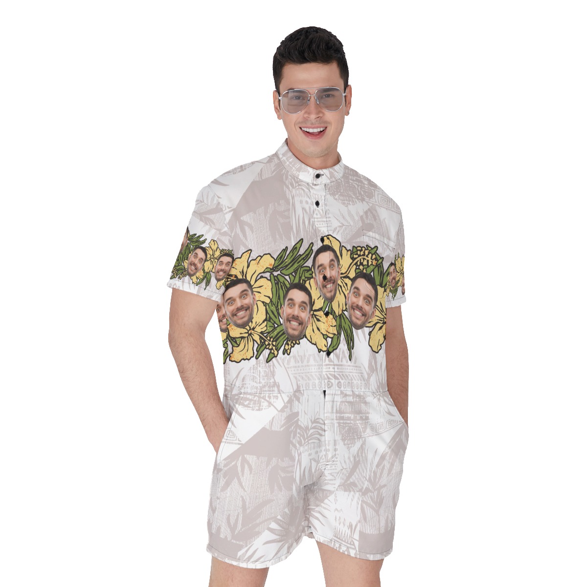 Vintage Hibicus Custom Face Men's Hawaiian Romper - variant image 1