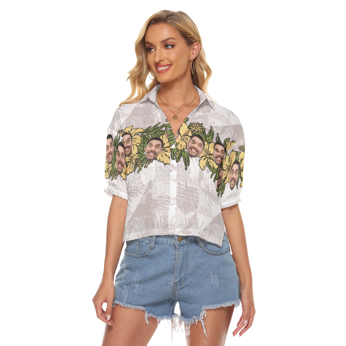 Floral Custom Face Vintage Aloha Crop Top Shirt For Women - variant image 1