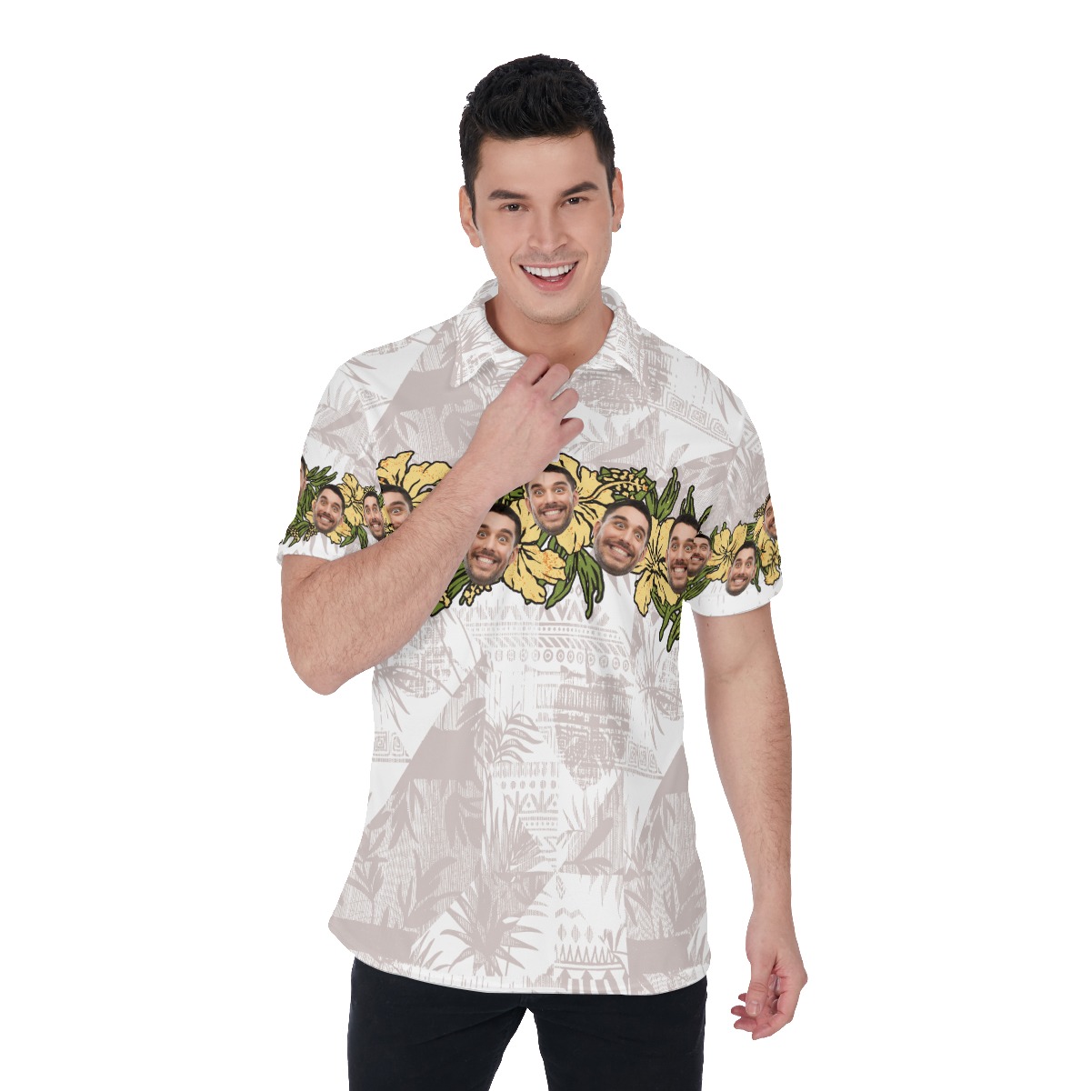 Vintage Floral Custom Face Men's Hawaiian Polo Shirt - variant image 1