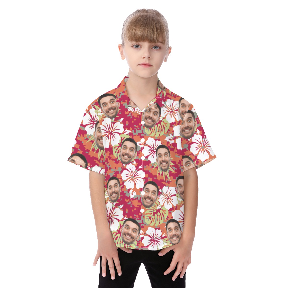 Cute Custom Face Camo Floral Hawaiian Shirt For Kids - variant image 1