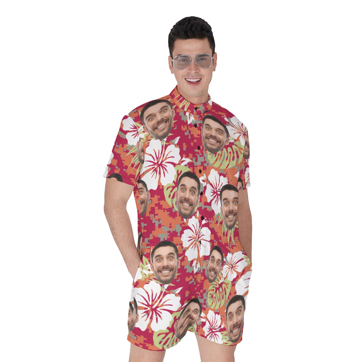 Floral Camo Custom Face Hawaiian Romper For Men - variant image 1