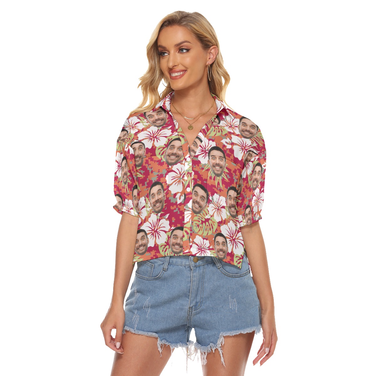 Custom Face Camouflage Hibicus Aloha Crop Top Shirt For Women - variant image 1
