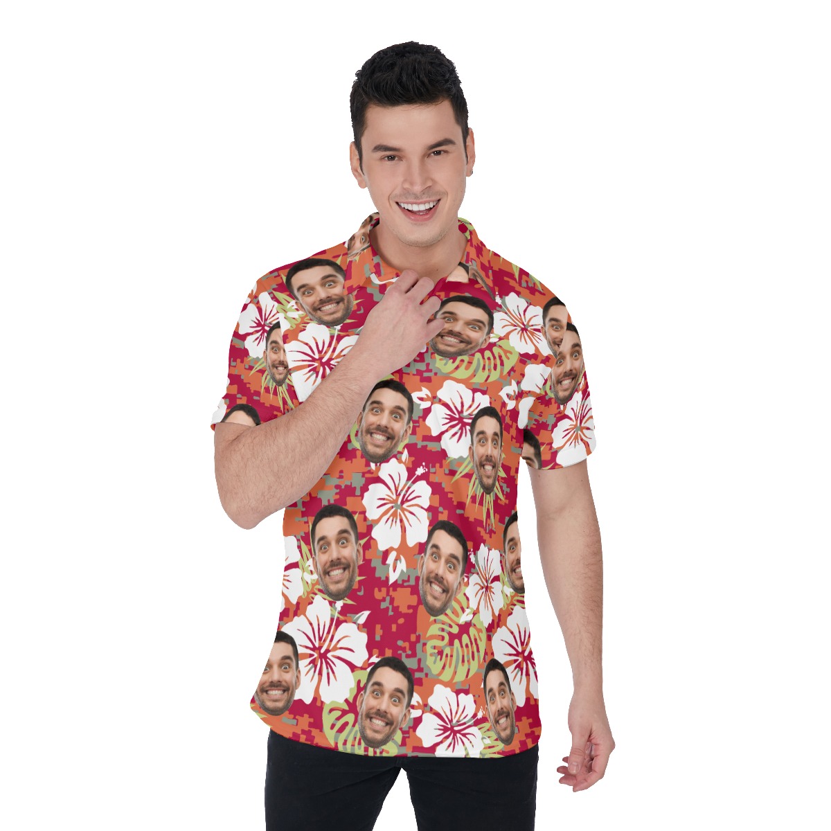 Custom Face Floral Camo Hawaiian Polo Shirt For Men - variant image 1