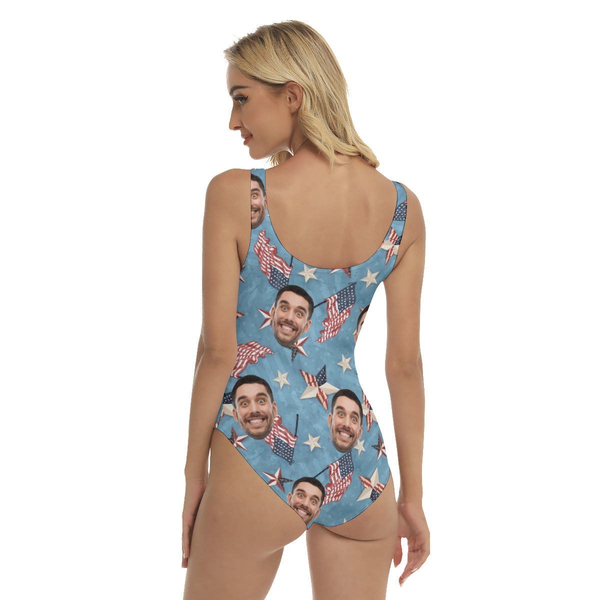Custom Face With American Flag Blue Hawaiian Swimsuit For Summer