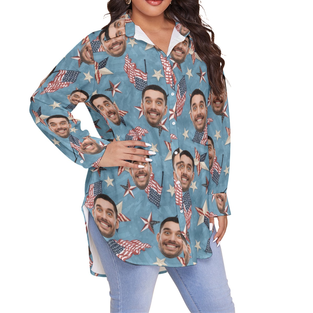Funny Custom Face American Flag Hawaiian Plus Size Shirt For Women