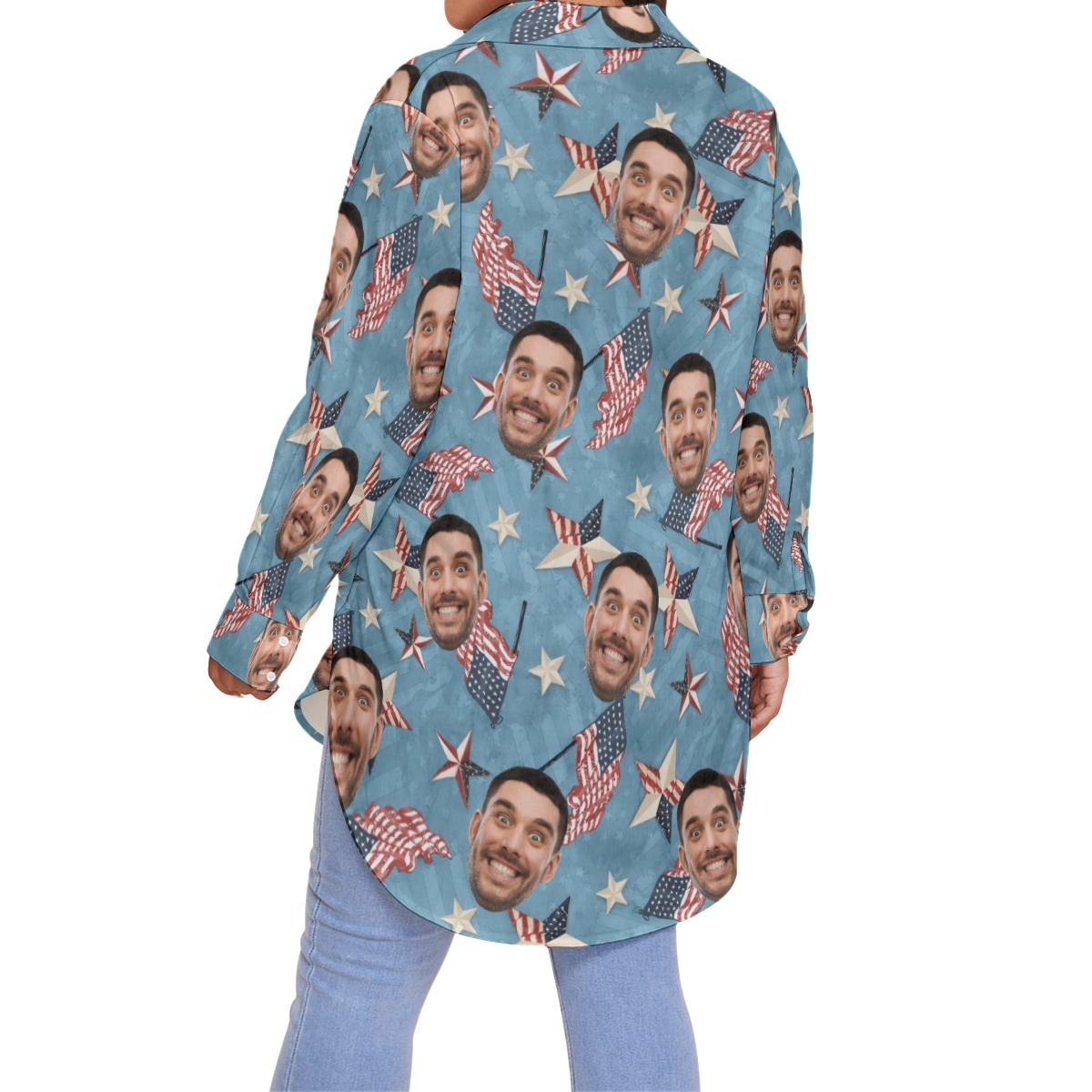 Funny Custom Face American Flag Hawaiian Plus Size Shirt For Women