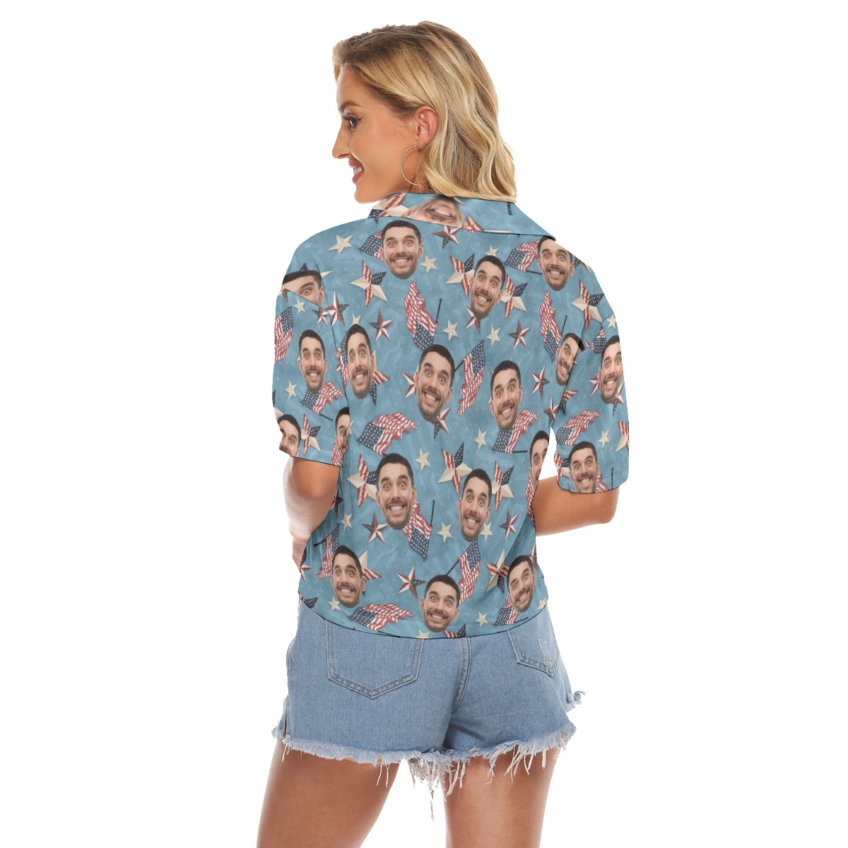 American Flag Custom Face Blue Hawaiian Crop Top Shirt For Women