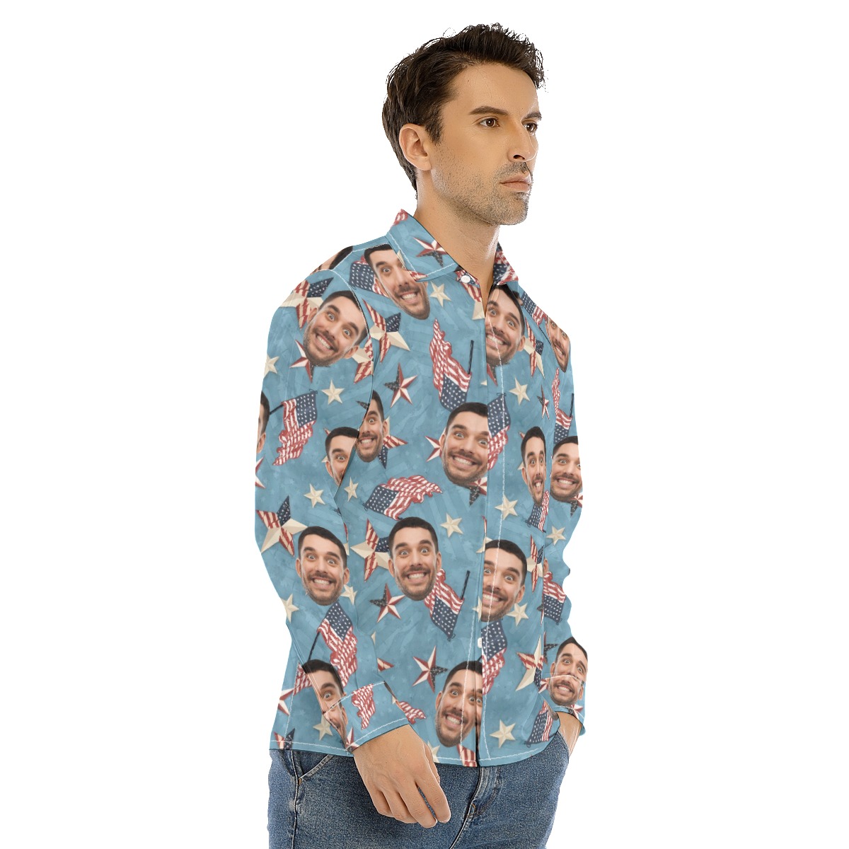 Funny Custom Face American Flag Hawaiian Long Sleeve Shirt For Men