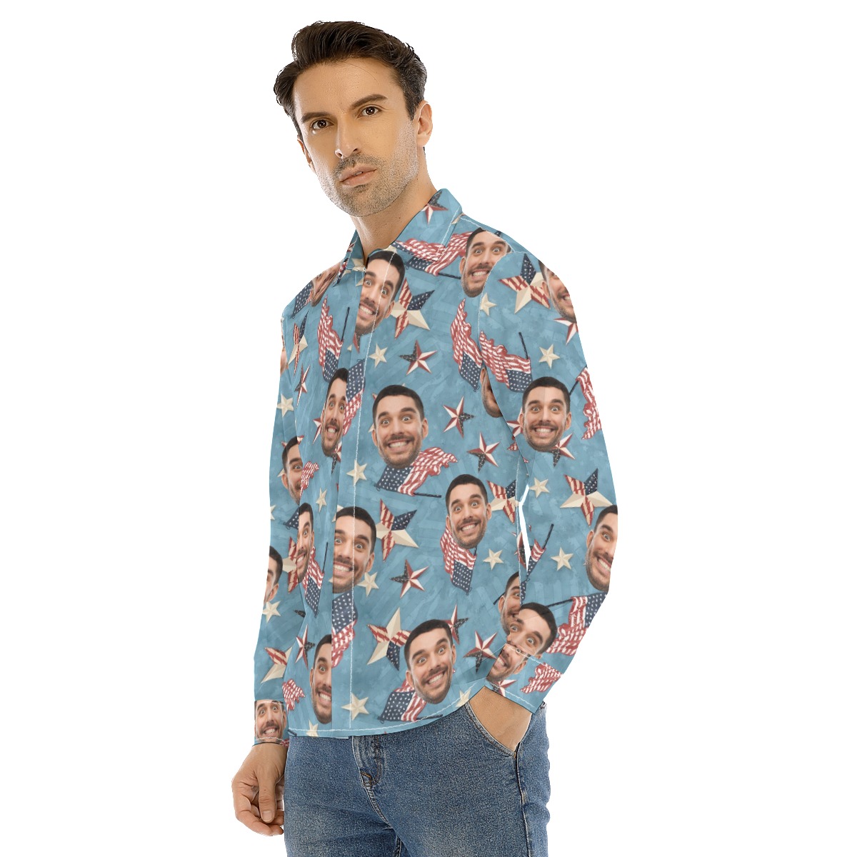 Funny Custom Face American Flag Hawaiian Long Sleeve Shirt For Men