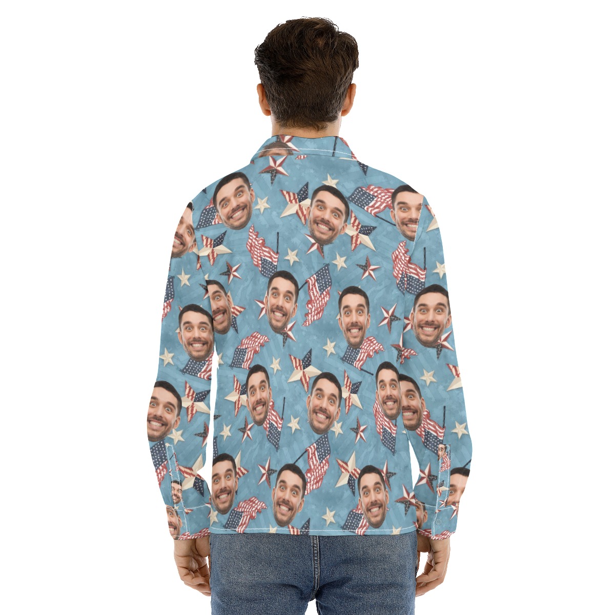 Funny Custom Face American Flag Hawaiian Long Sleeve Shirt For Men