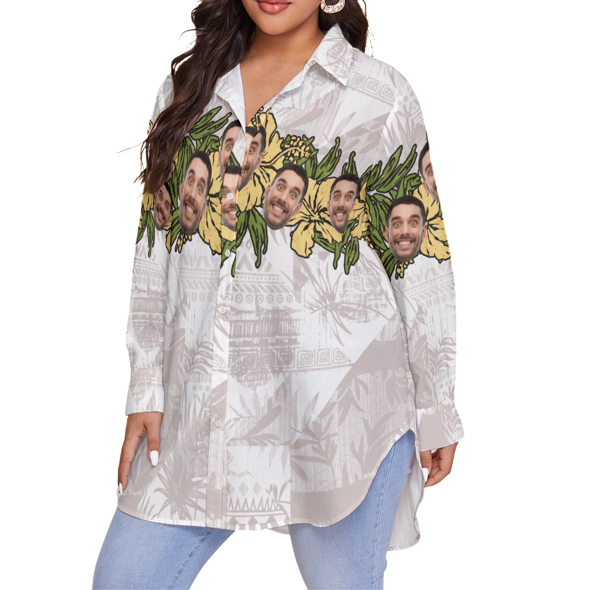 Funny Custom Face Hibicus Vintage Hawaiian Plus Size Shirt For Women