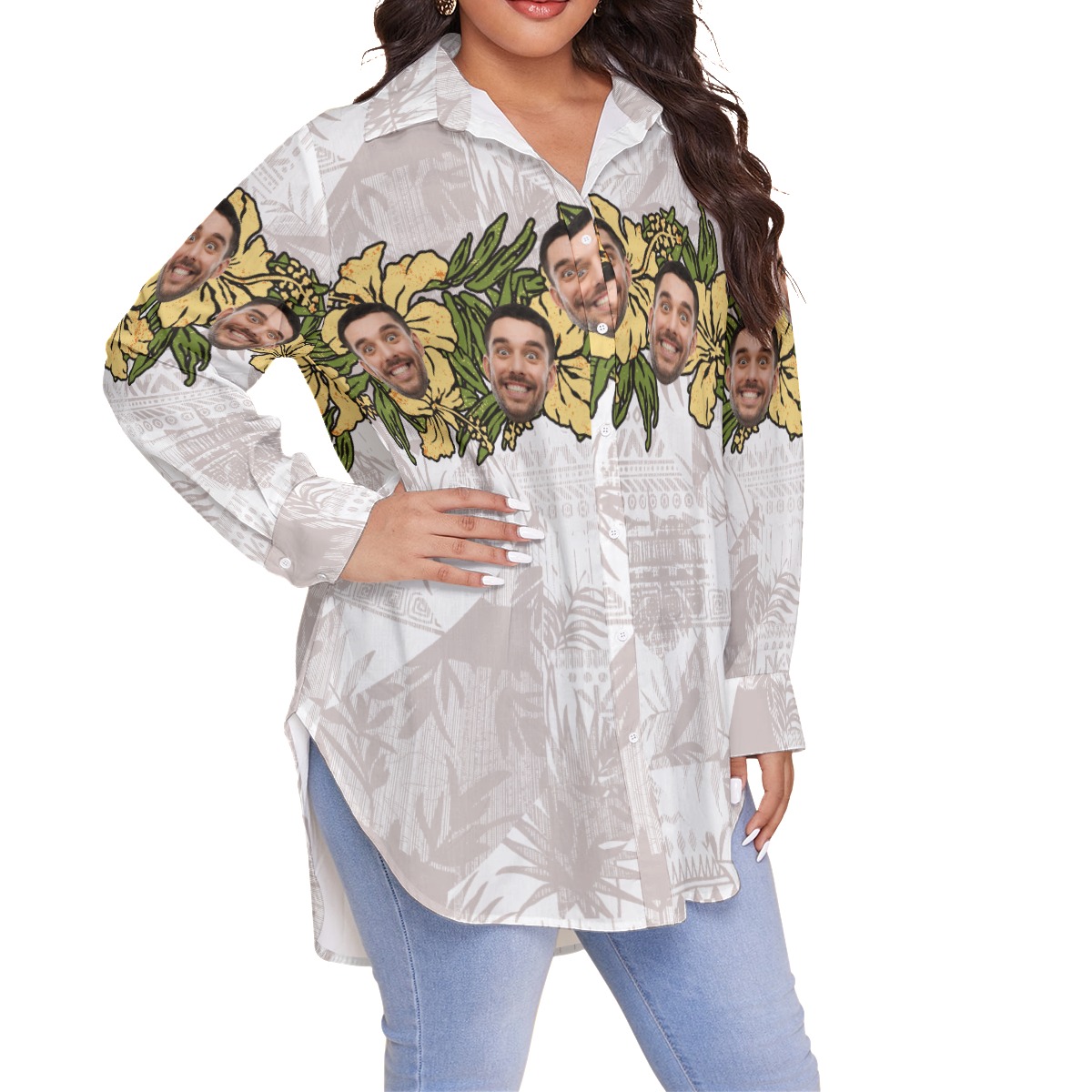 Funny Custom Face Hibicus Vintage Hawaiian Plus Size Shirt For Women
