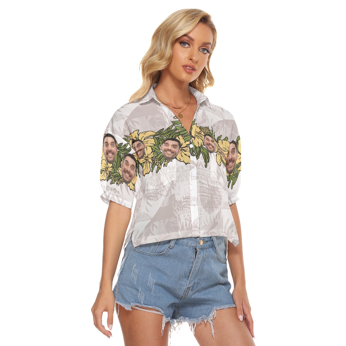 Floral Custom Face Vintage Aloha Crop Top Shirt For Women