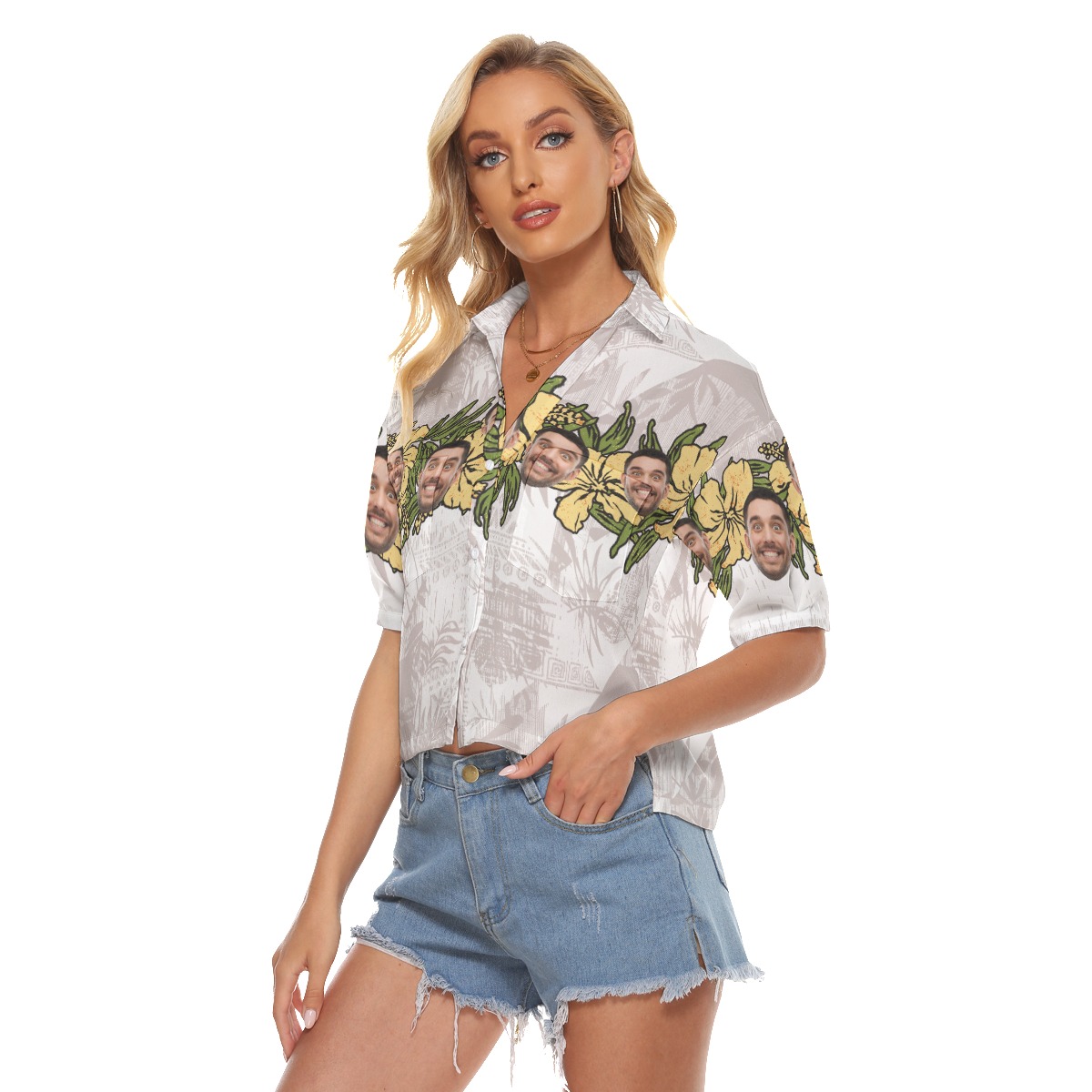 Floral Custom Face Vintage Aloha Crop Top Shirt For Women