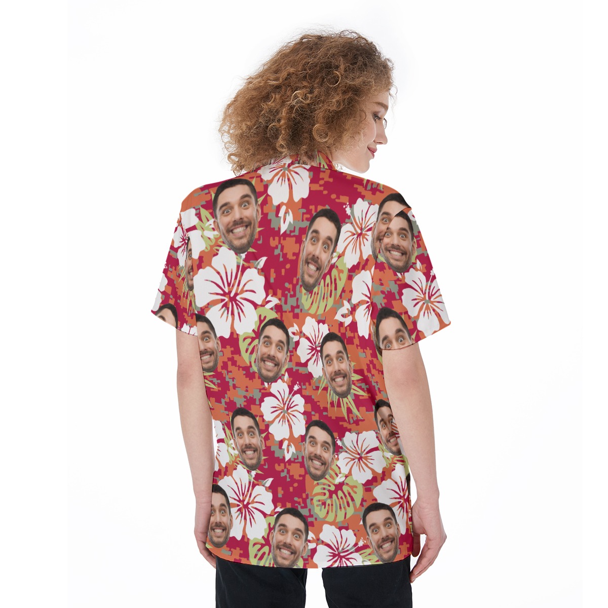 Custom Face Camo Floral Red Hawaiian Shirt For Women