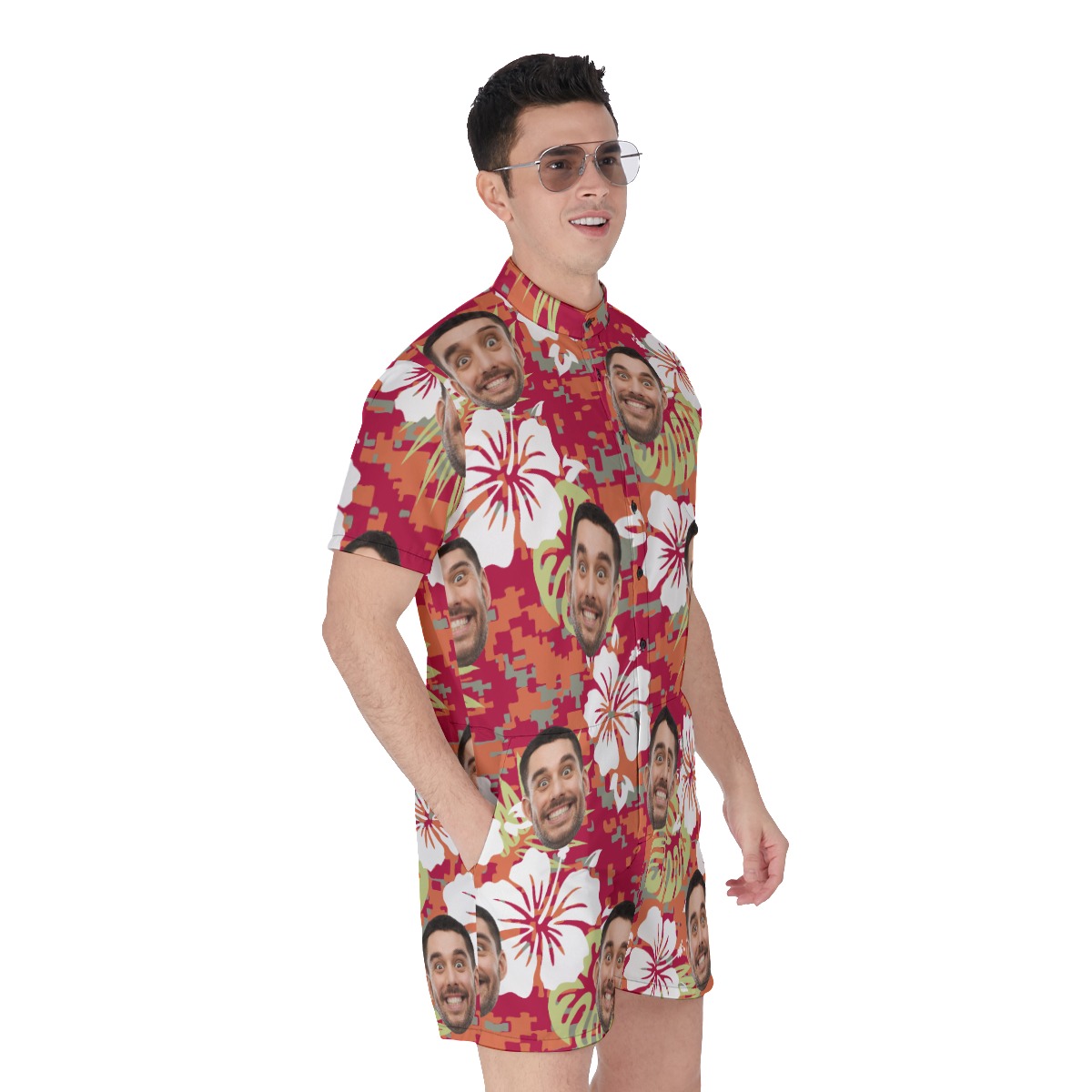 Floral Camo Custom Face Hawaiian Romper For Men