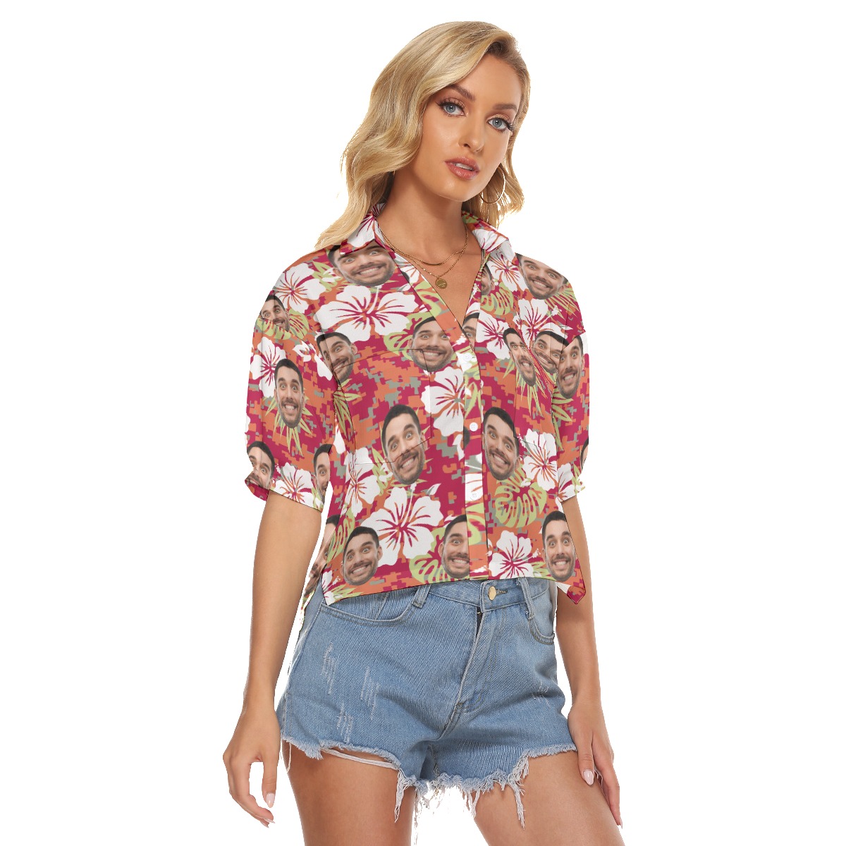 Custom Face Camouflage Hibicus Aloha Crop Top Shirt For Women