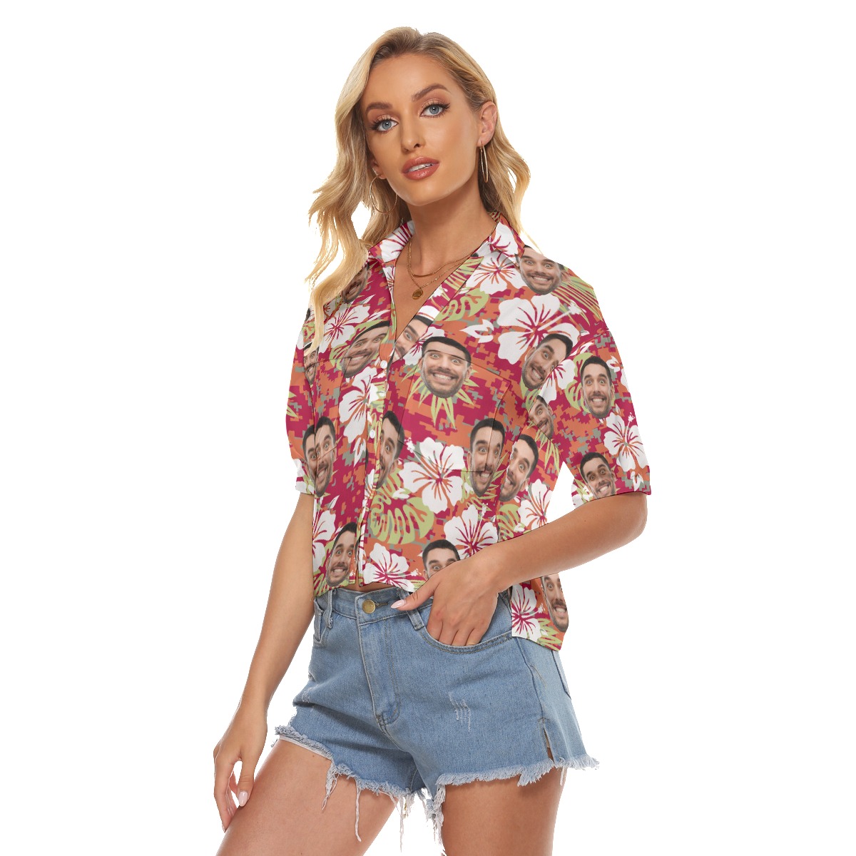 Custom Face Camouflage Hibicus Aloha Crop Top Shirt For Women