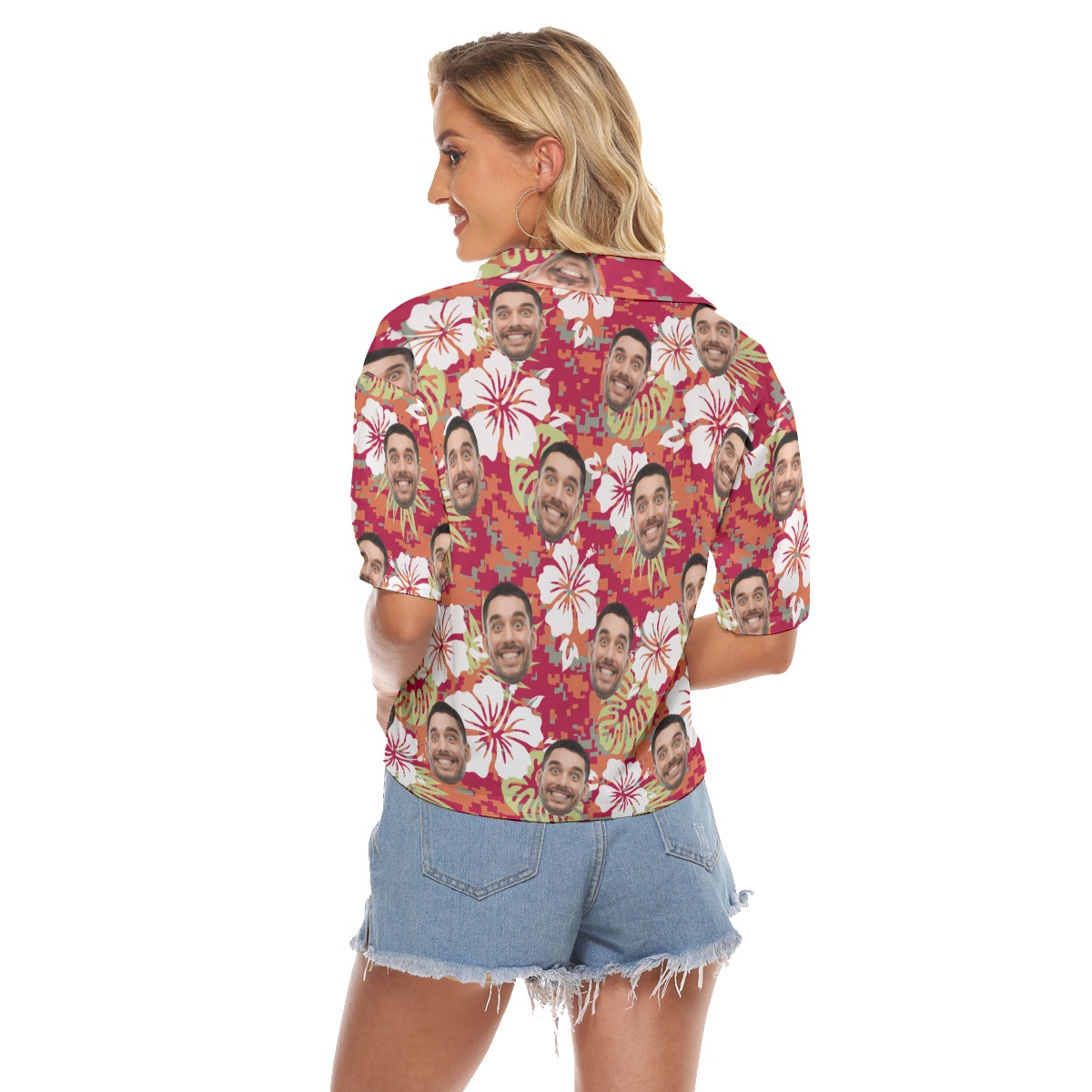 Custom Face Camouflage Hibicus Aloha Crop Top Shirt For Women