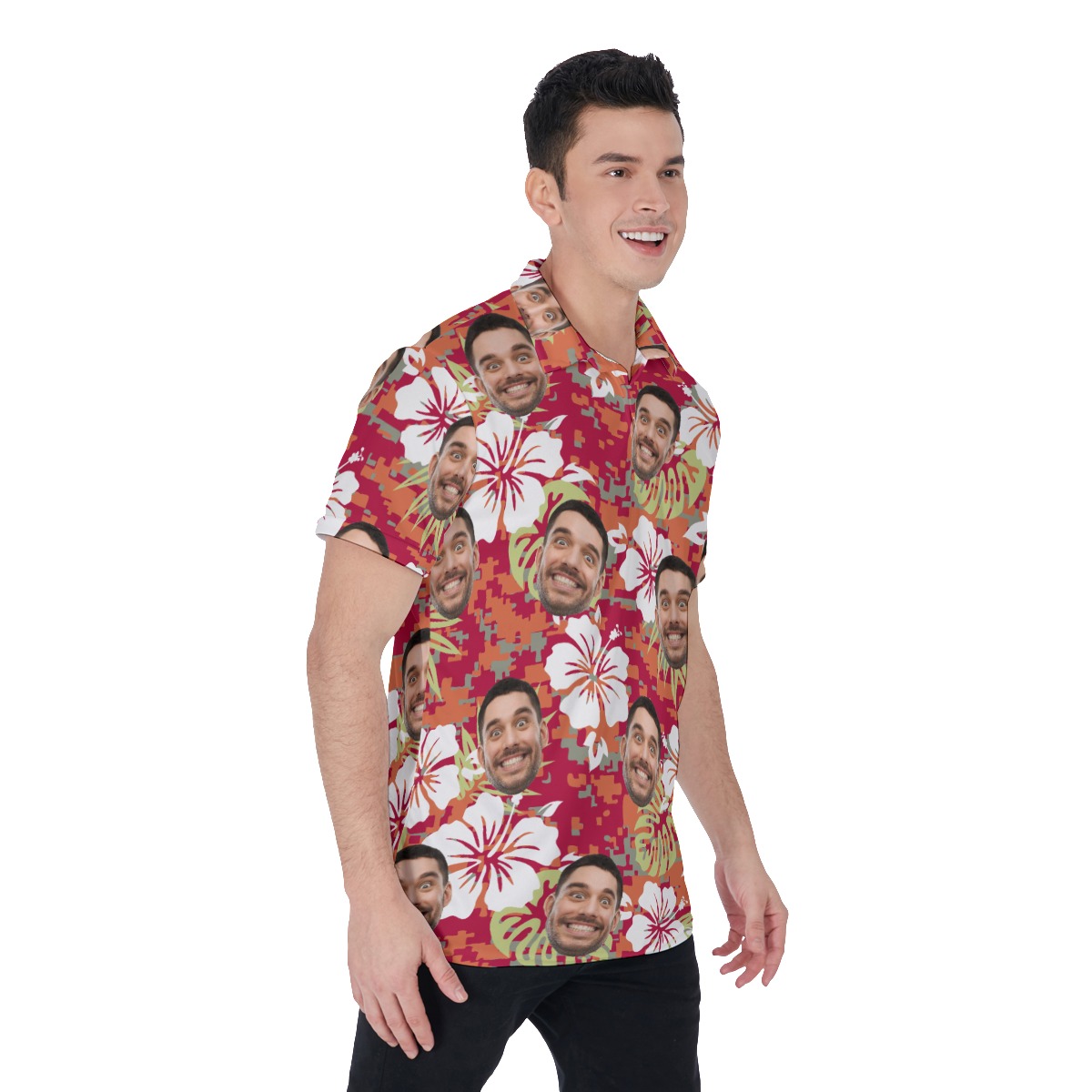 Custom Face Floral Camo Hawaiian Polo Shirt For Men