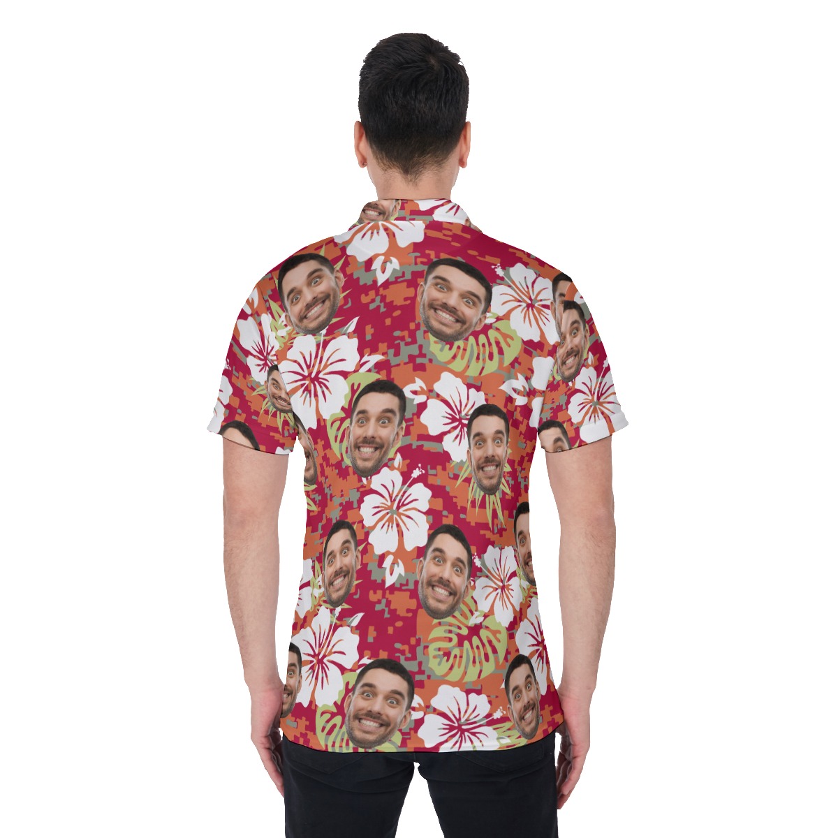 Custom Face Floral Camo Hawaiian Polo Shirt For Men