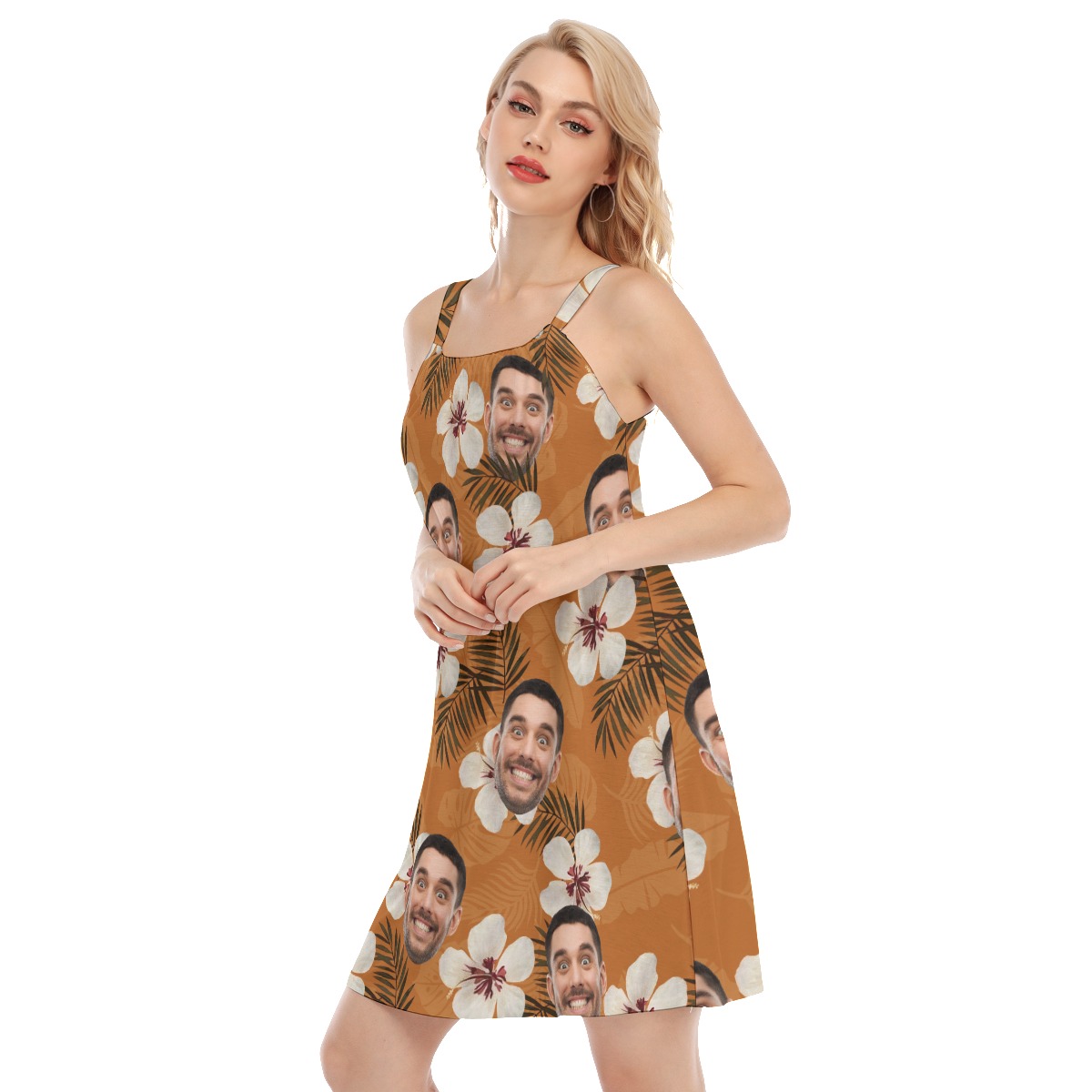 Funny Custom Face Floral Orange Hawaiian Cami Dress For Summer