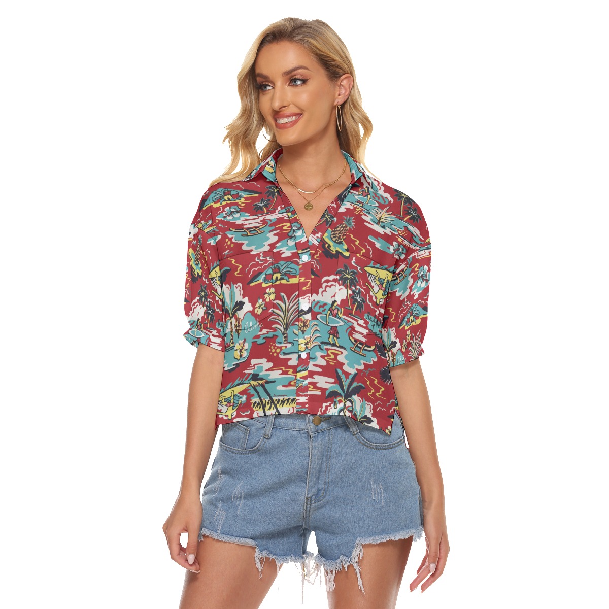 Women's Red Hawaiian Cropped Shirt - variant image 1