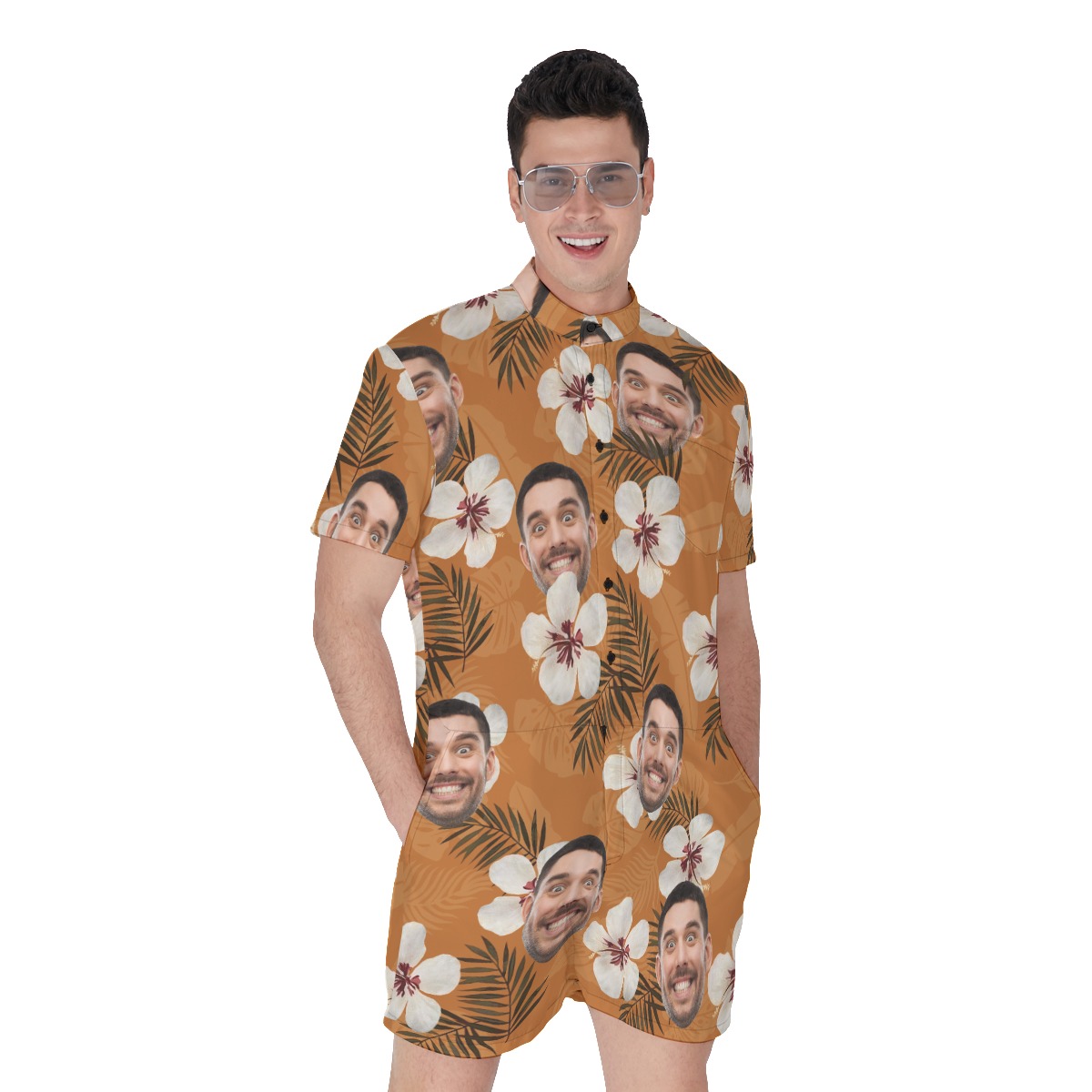 Floral Custom Face Orange Men's Hawaiian Romper - variant image 1