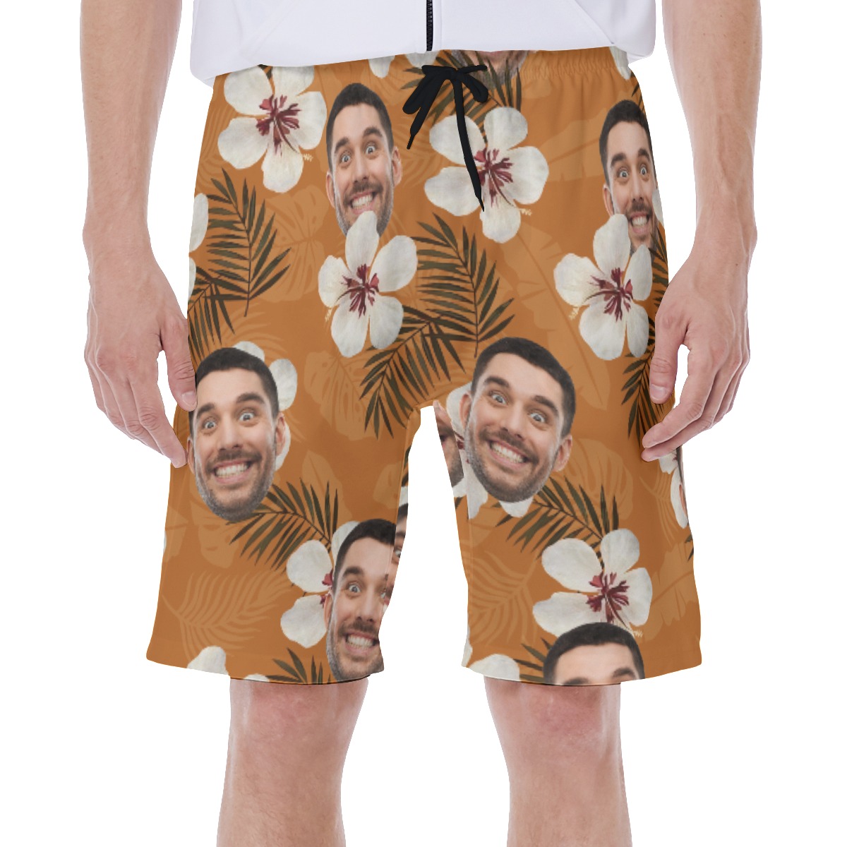 Floral Orange Hawaiian Swim Trunks With Custom Face - variant image 1