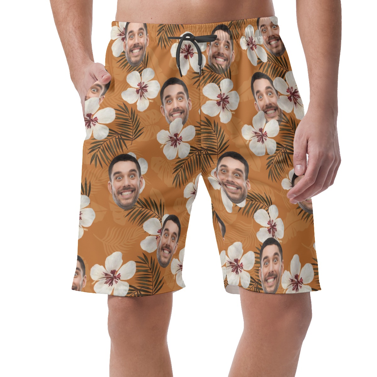 Funny Custom Face Floral Orange Hawaiian Beach Shorts For Men - variant image 1