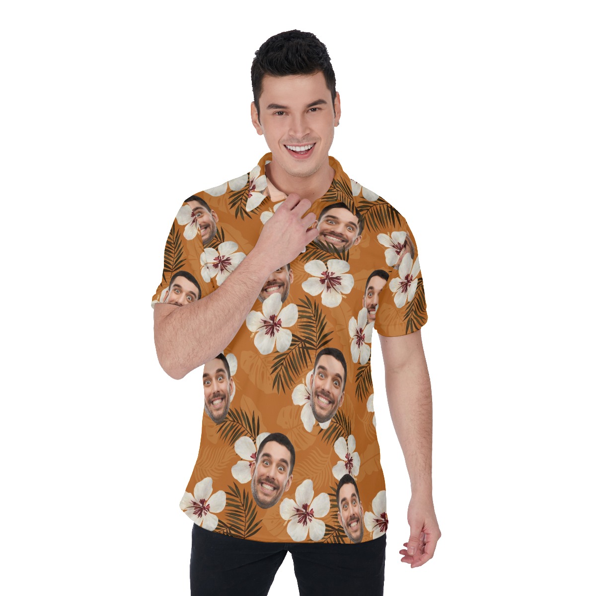 Floral Custom Face Men's Hawaiian Polo Shirt - variant image 1