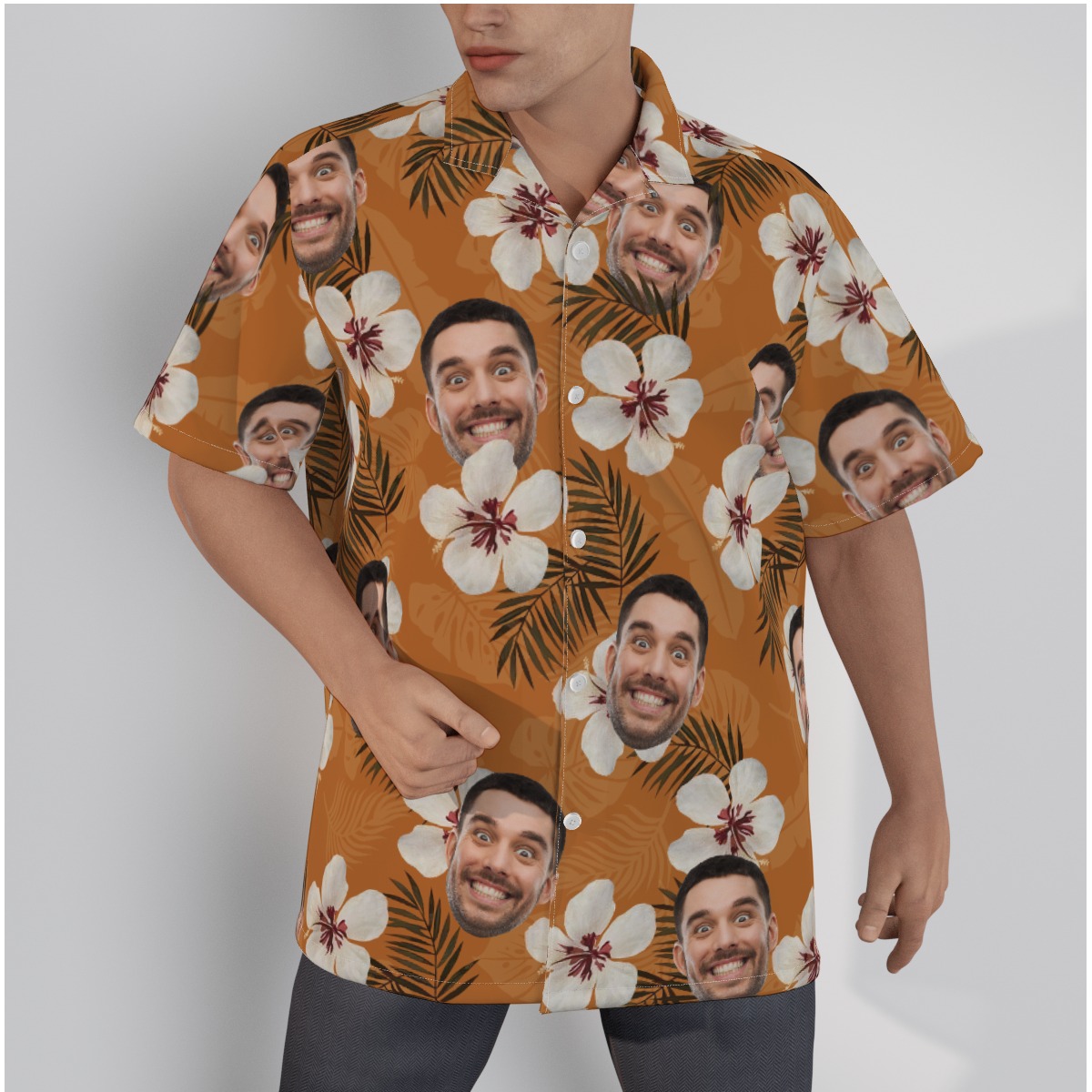 Custom Face Floral Orange Hawaiian Shirt - variant image 1
