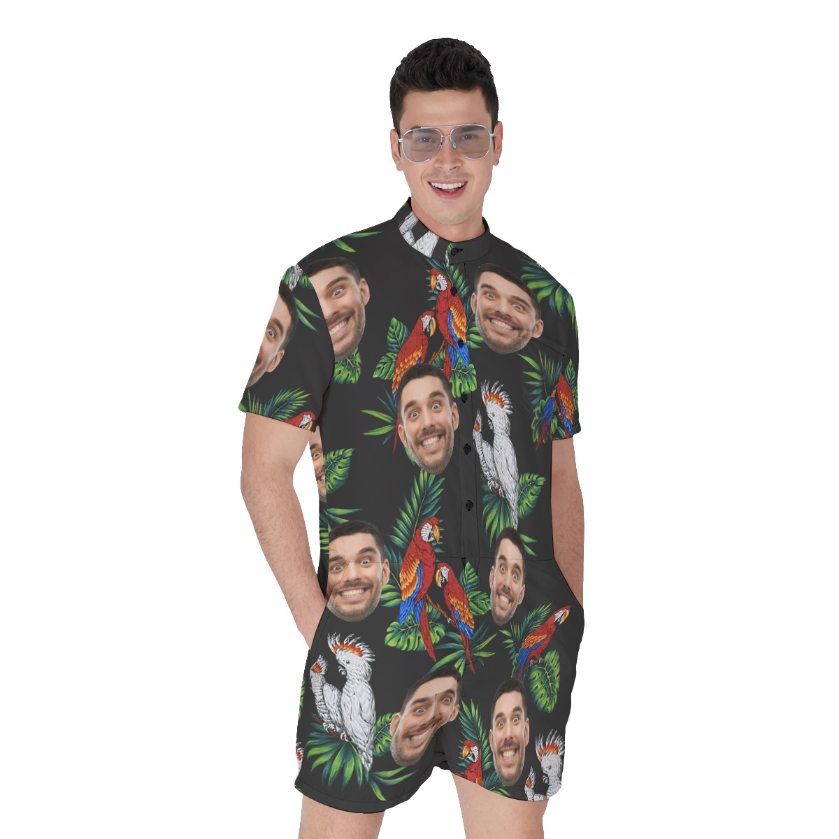 Custom Face Parrot Black Men's Hawaiian Romper - variant image 1