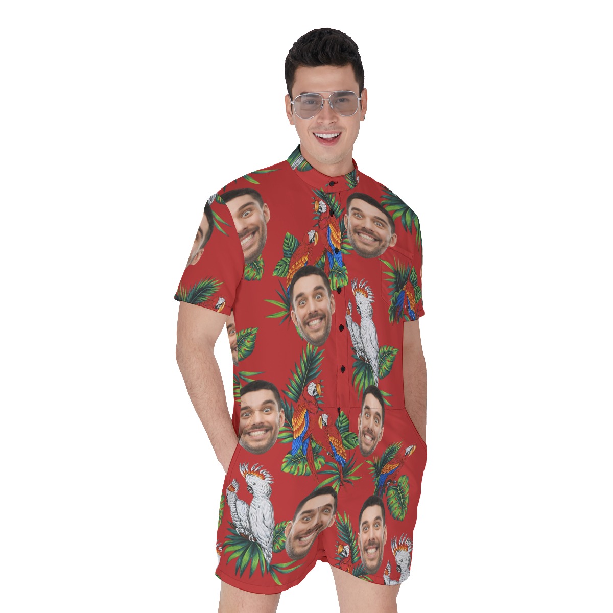 Parrot Red Custom Face Men's Hawaiian Romper - variant image 1