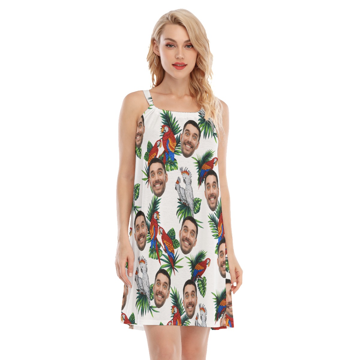 White Hawaiian Cami Dress With Custom Face And Parrot Pattern - variant image 1