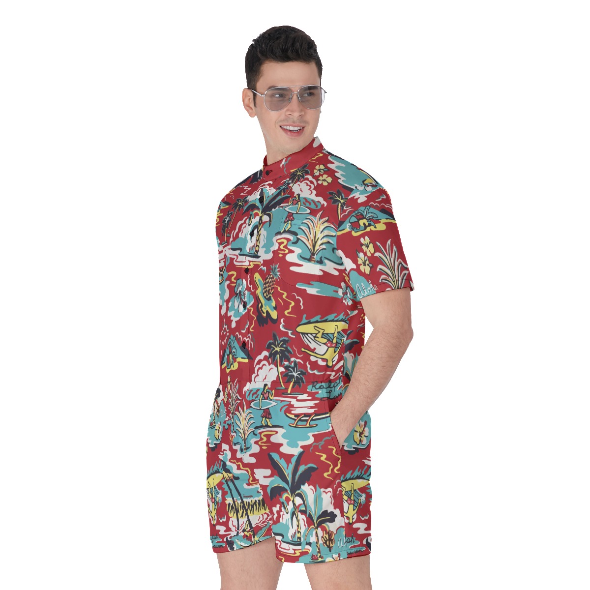 Red Aloha Beach Men's Hawaiian Romper