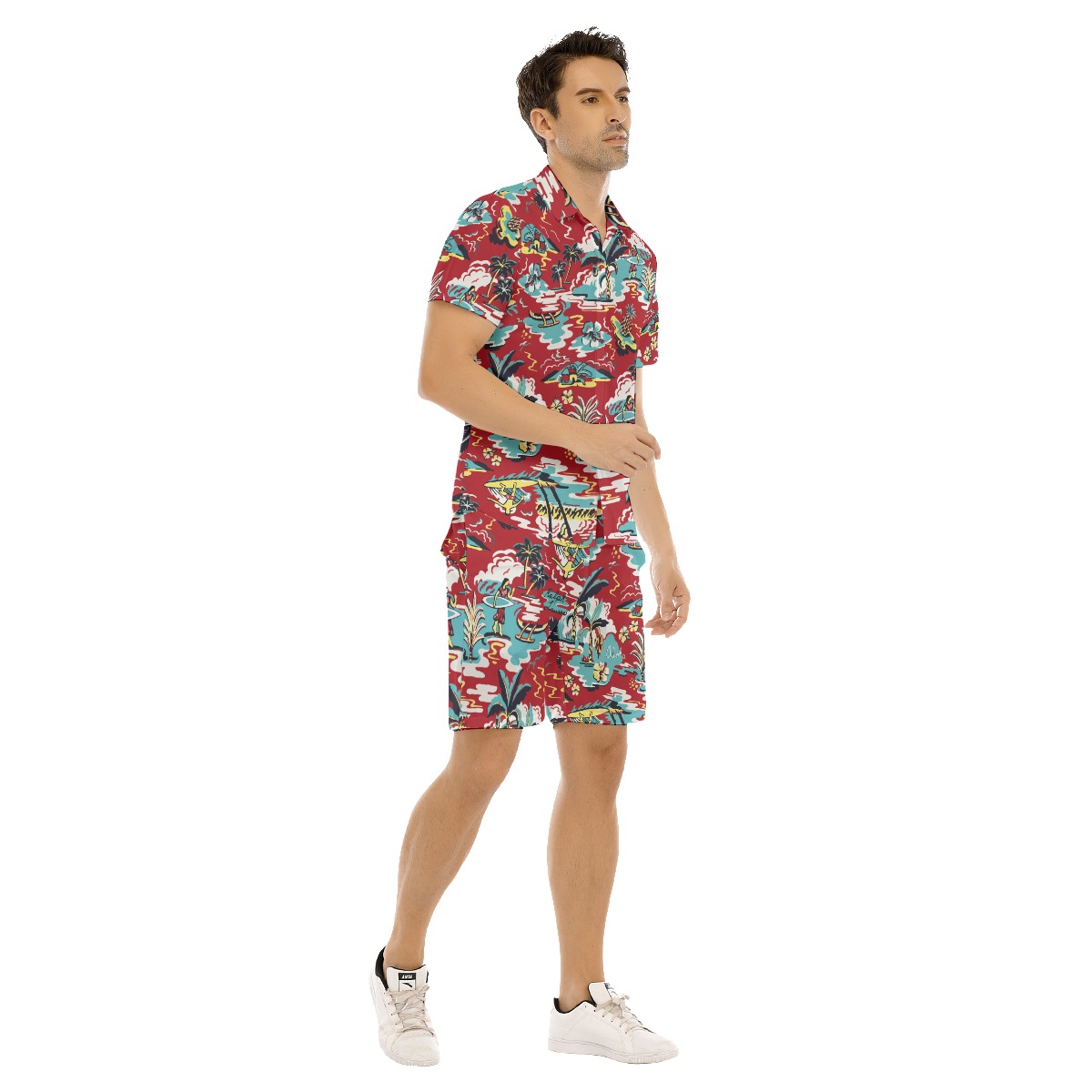 All Over Print Red Tropical Aloha Beach Shirt Set For Men