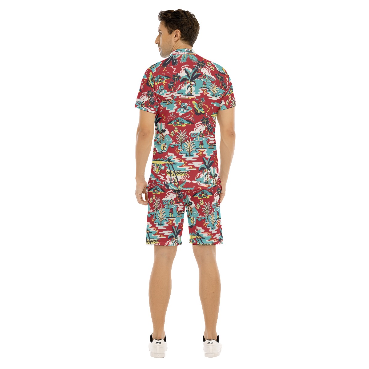 All Over Print Red Tropical Aloha Beach Shirt Set For Men