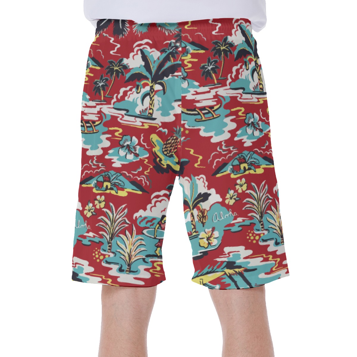 Red Aloha Beach Swim Trunks For Men