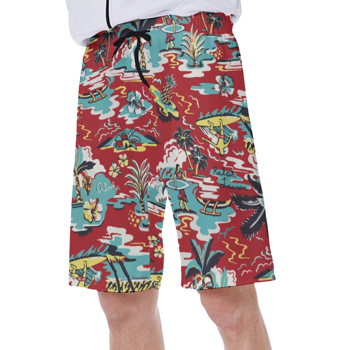 Red Aloha Beach Swim Trunks For Men
