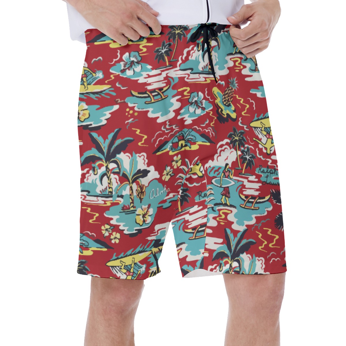 Red Aloha Beach Swim Trunks For Men