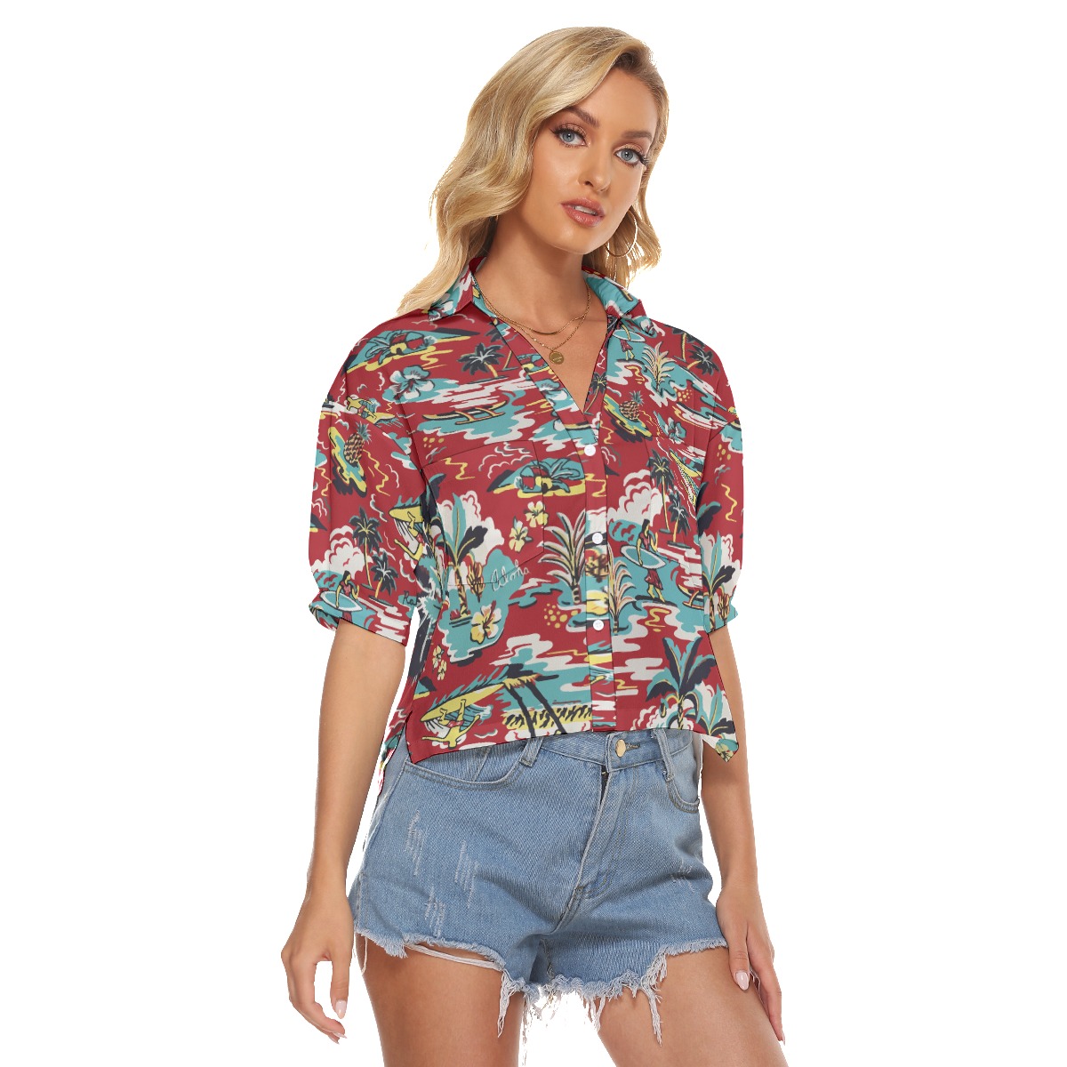 Women's Red Hawaiian Cropped Shirt