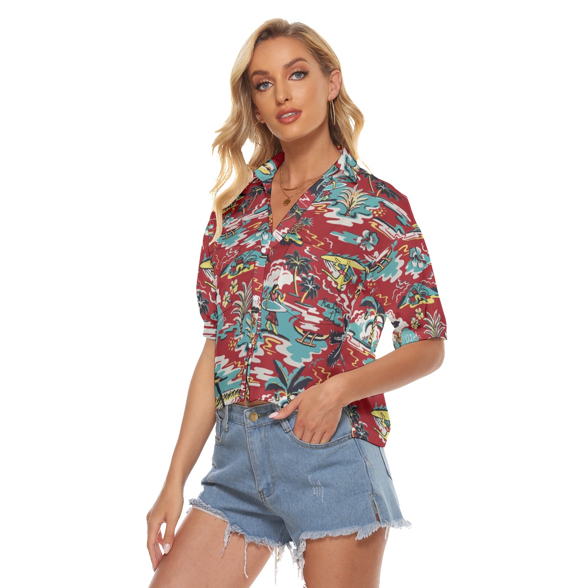 Women's Red Hawaiian Cropped Shirt