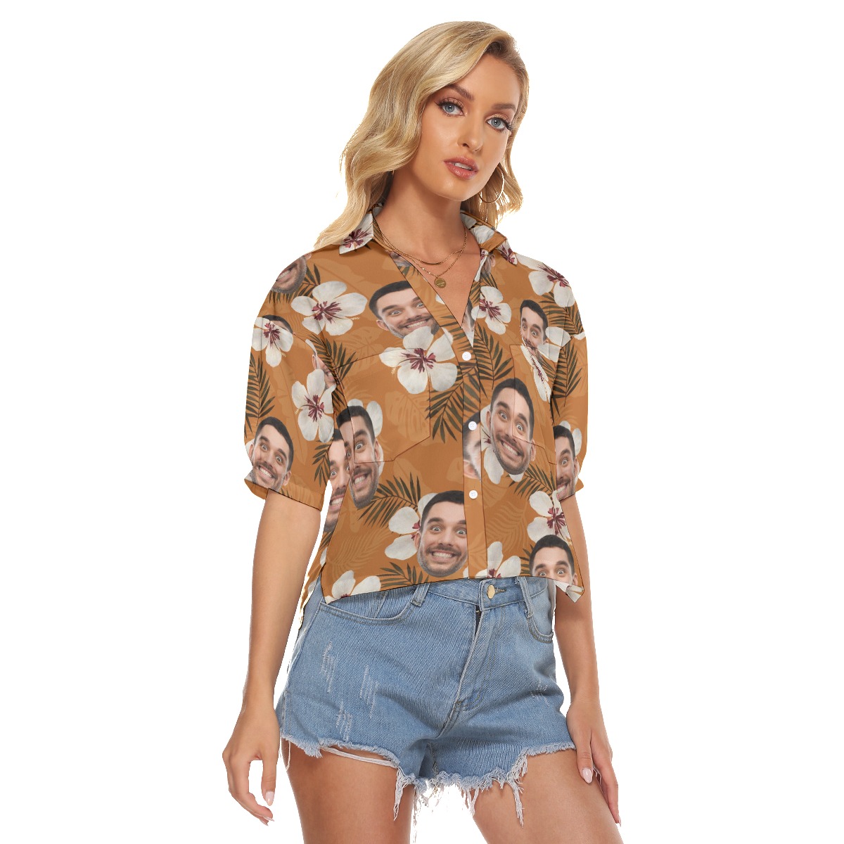 Funny Custom Face Floral Hawaiian Crop Top Shirt For Women
