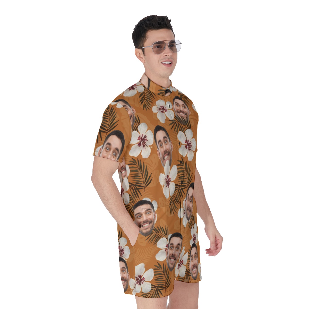 Floral Custom Face Orange Men's Hawaiian Romper