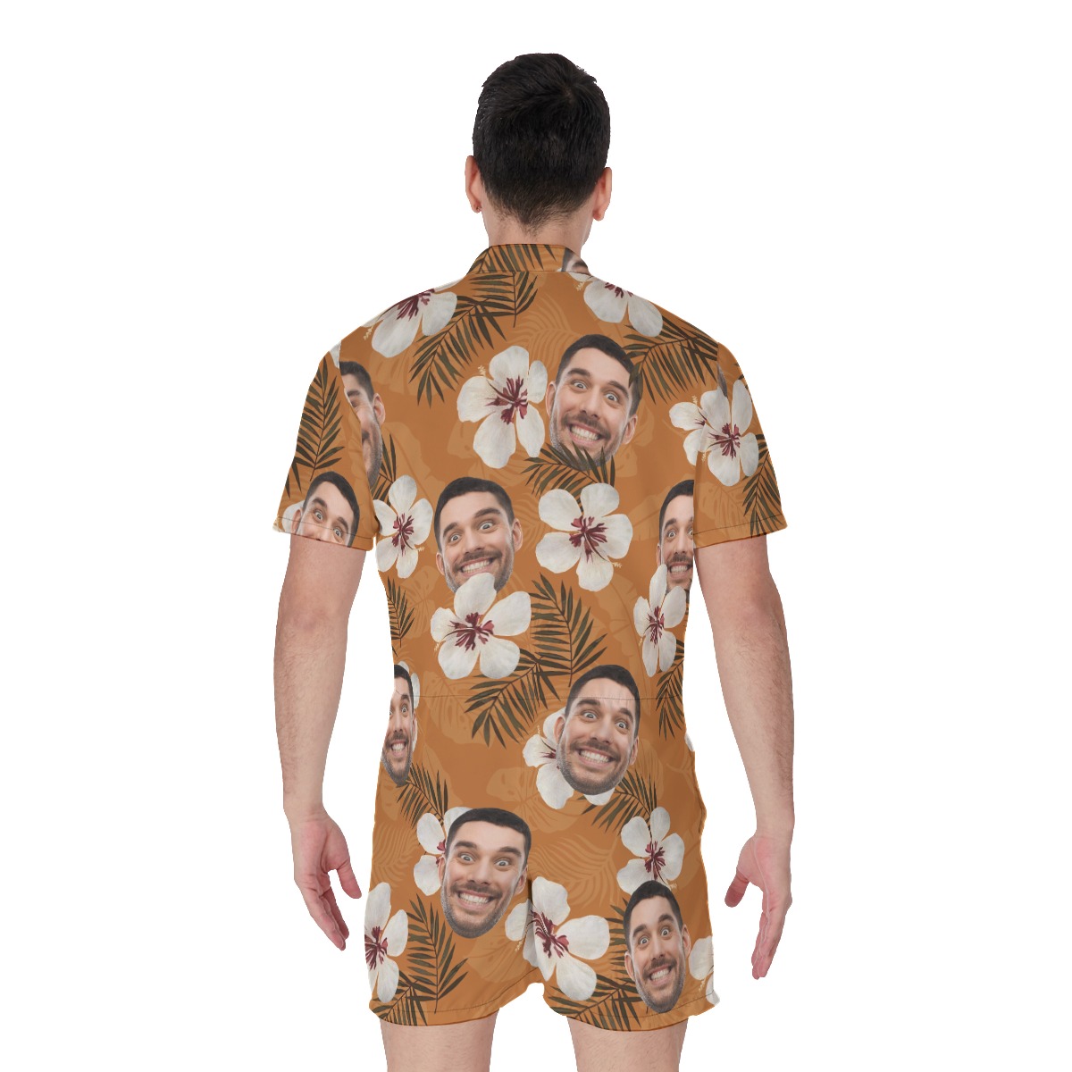 Floral Custom Face Orange Men's Hawaiian Romper