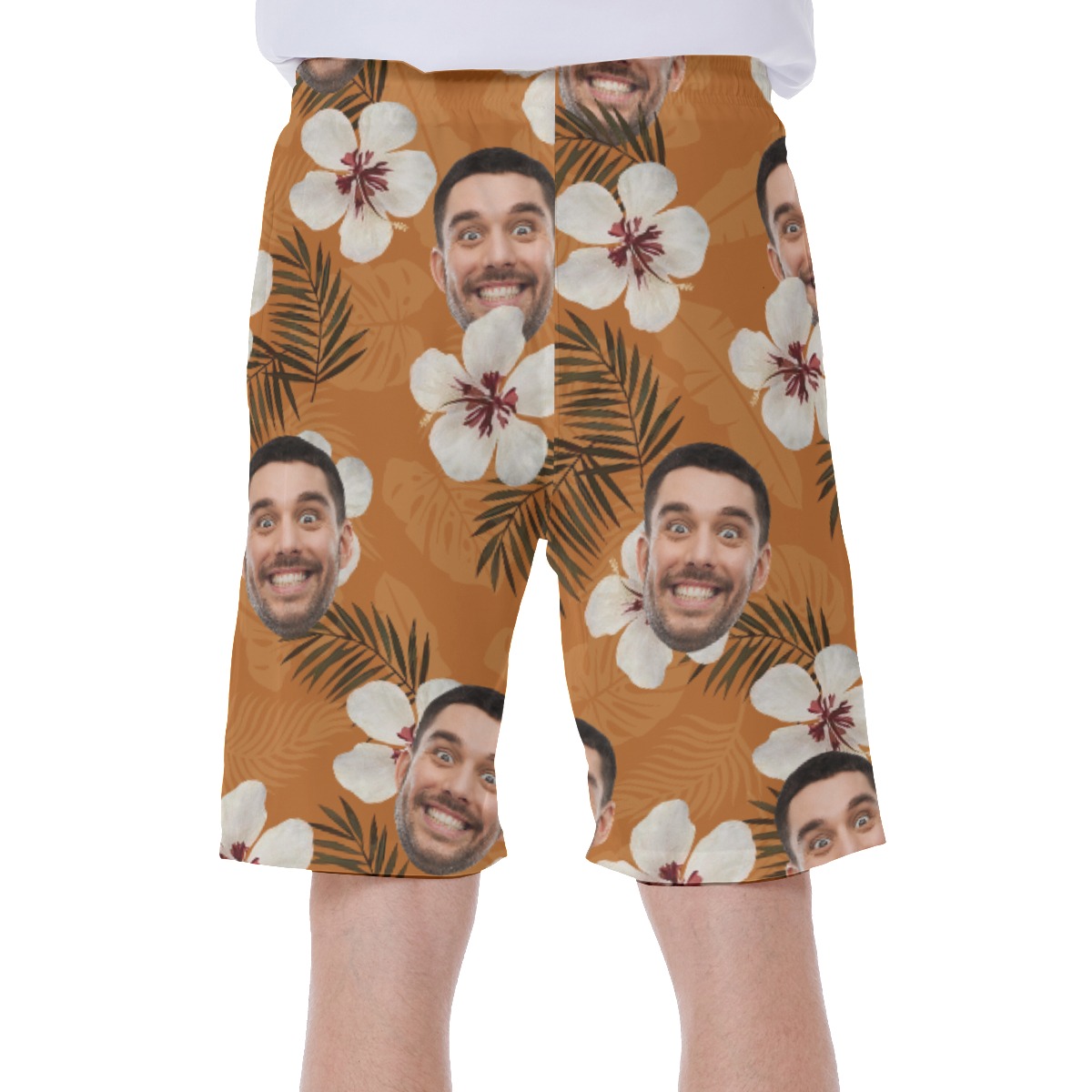 Floral Orange Hawaiian Swim Trunks With Custom Face