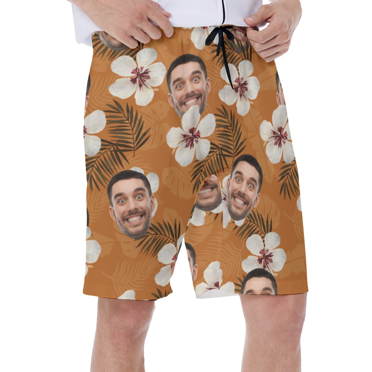 Floral Orange Hawaiian Swim Trunks With Custom Face