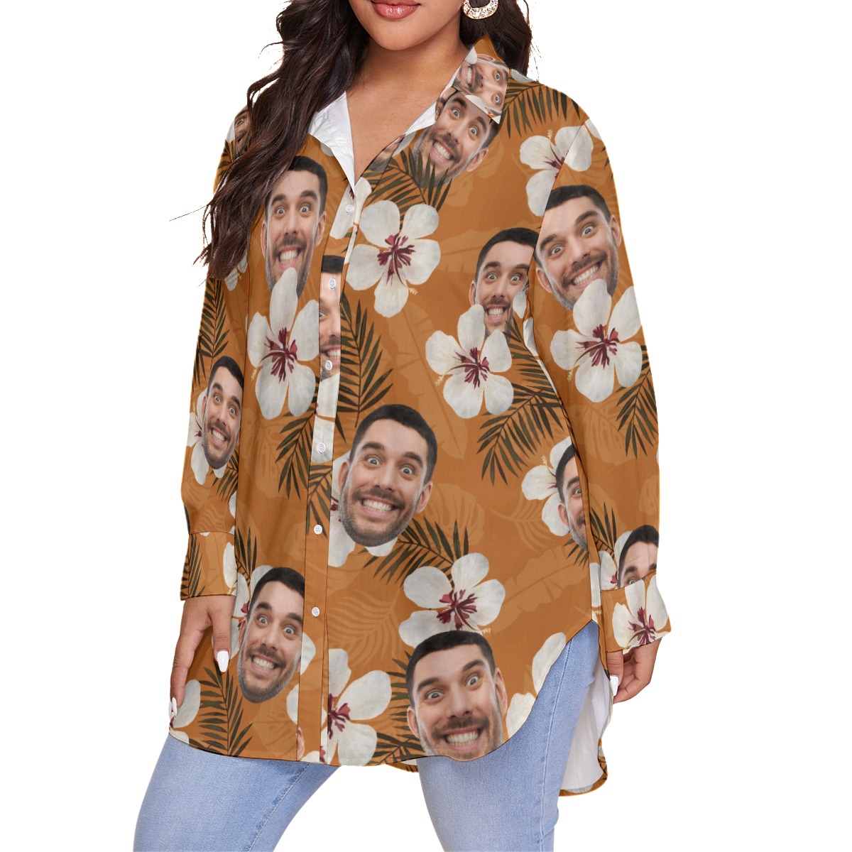 Custom Face Floral Hawaiian Oversized Shirt For Women