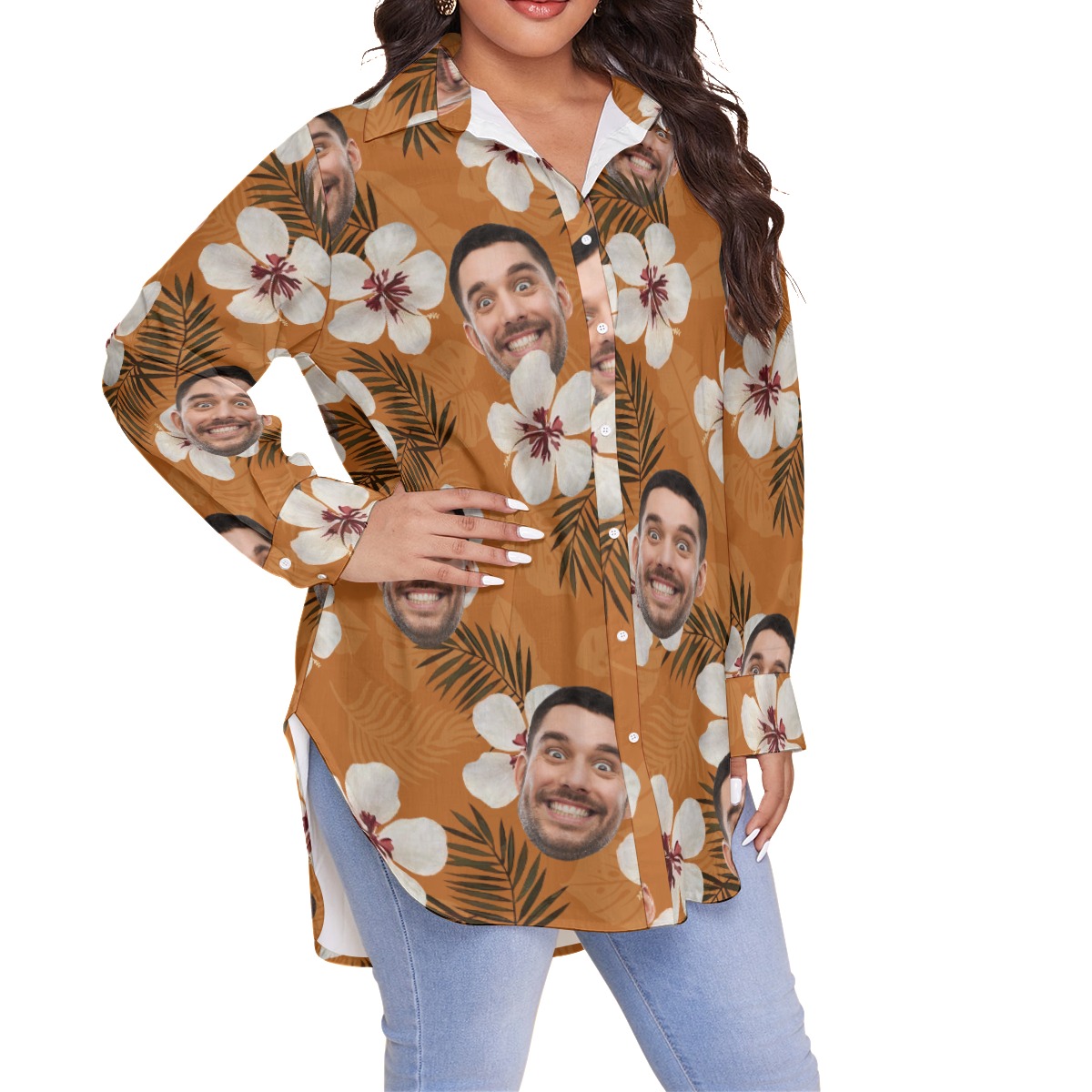 Custom Face Floral Hawaiian Oversized Shirt For Women